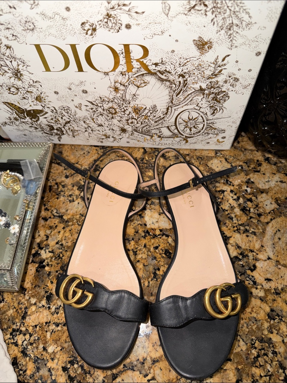 Gucci Black Leather Slingback Sandals with Gold Double G